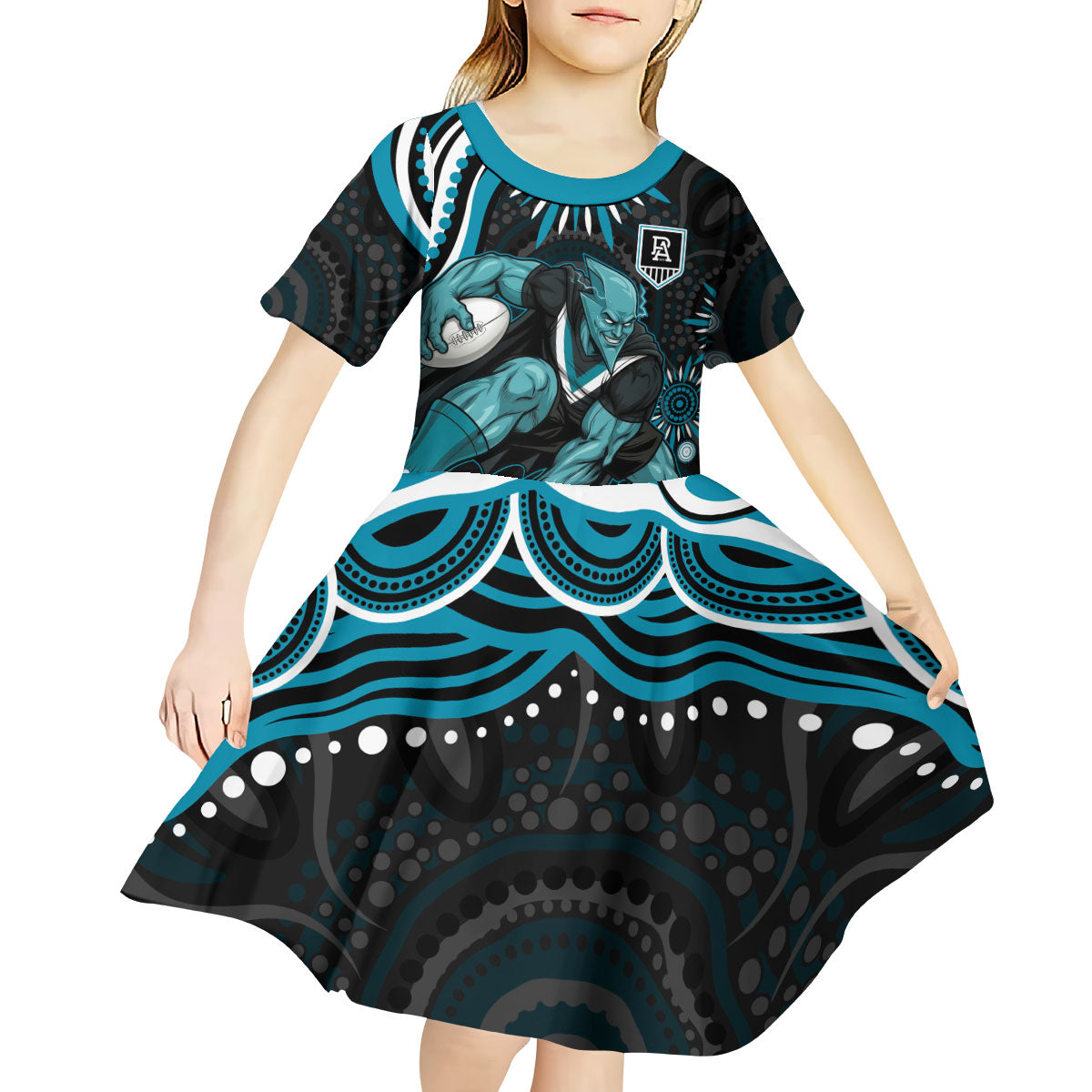 Personalized Port Adelaide Power Rugby Kid Short Sleeve Dress Aboriginal Dot Art - Dreamtime Football Mascot