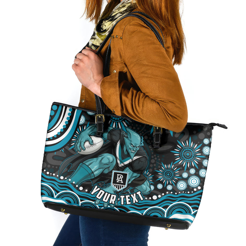 Personalized Port Adelaide Power Rugby Leather Tote Bag Aboriginal Dot Art - Dreamtime Football Mascot