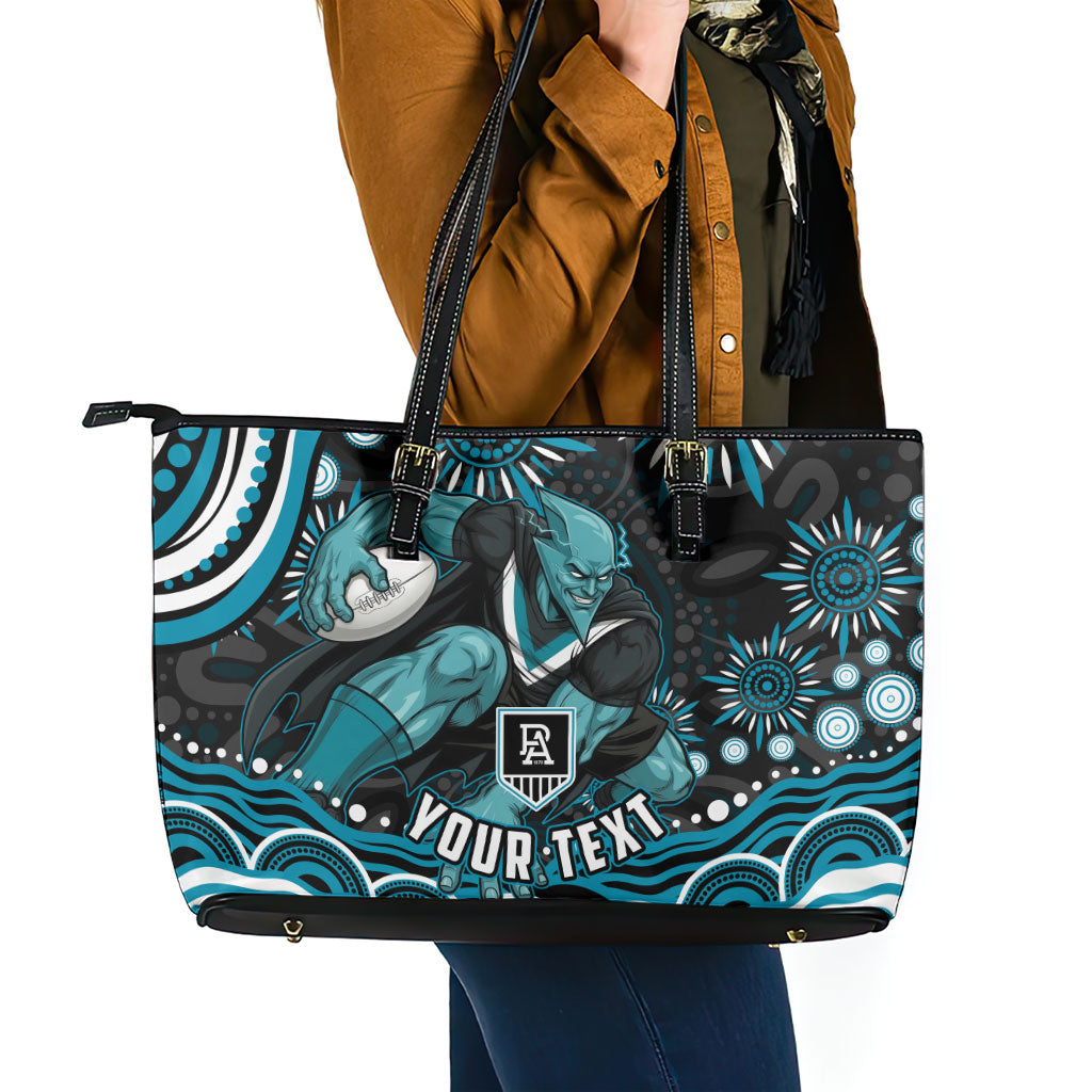 Personalized Port Adelaide Power Rugby Leather Tote Bag Aboriginal Dot Art - Dreamtime Football Mascot