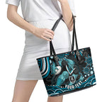 Personalized Port Adelaide Power Rugby Leather Tote Bag Aboriginal Dot Art - Dreamtime Football Mascot