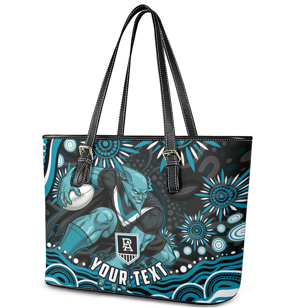Personalized Port Adelaide Power Rugby Leather Tote Bag Aboriginal Dot Art - Dreamtime Football Mascot