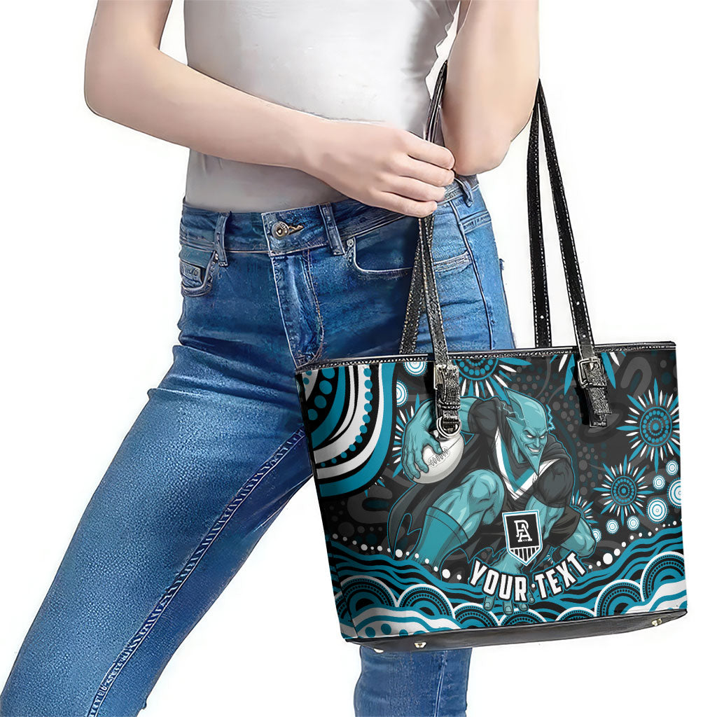 Personalized Port Adelaide Power Rugby Leather Tote Bag Aboriginal Dot Art - Dreamtime Football Mascot