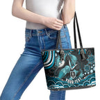 Personalized Port Adelaide Power Rugby Leather Tote Bag Aboriginal Dot Art - Dreamtime Football Mascot