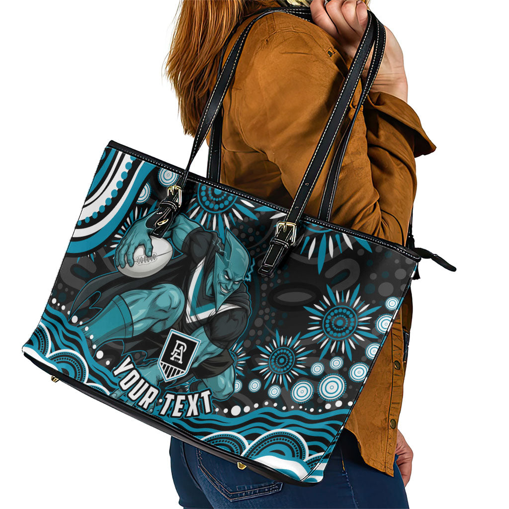 Personalized Port Adelaide Power Rugby Leather Tote Bag Aboriginal Dot Art - Dreamtime Football Mascot