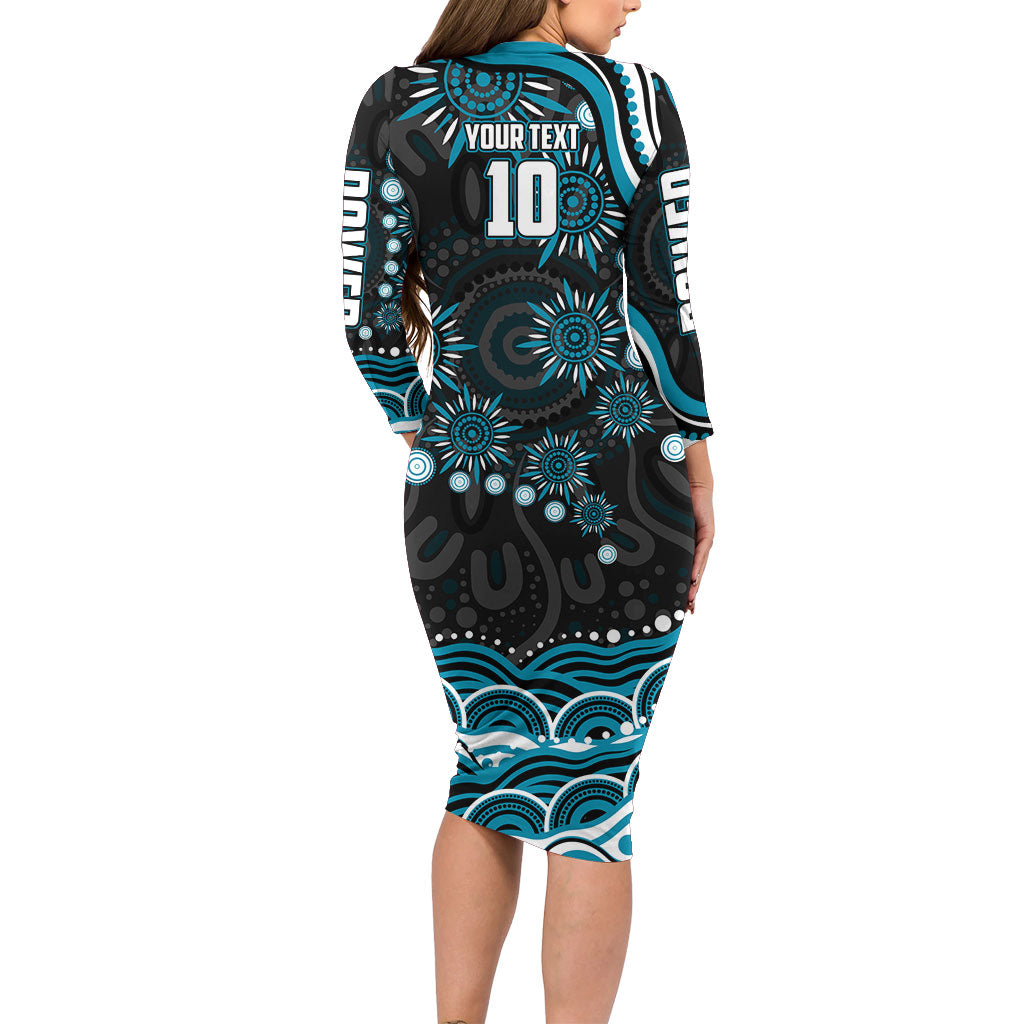 Personalized Port Adelaide Power Rugby Long Sleeve Bodycon Dress Aboriginal Dot Art - Dreamtime Football Mascot