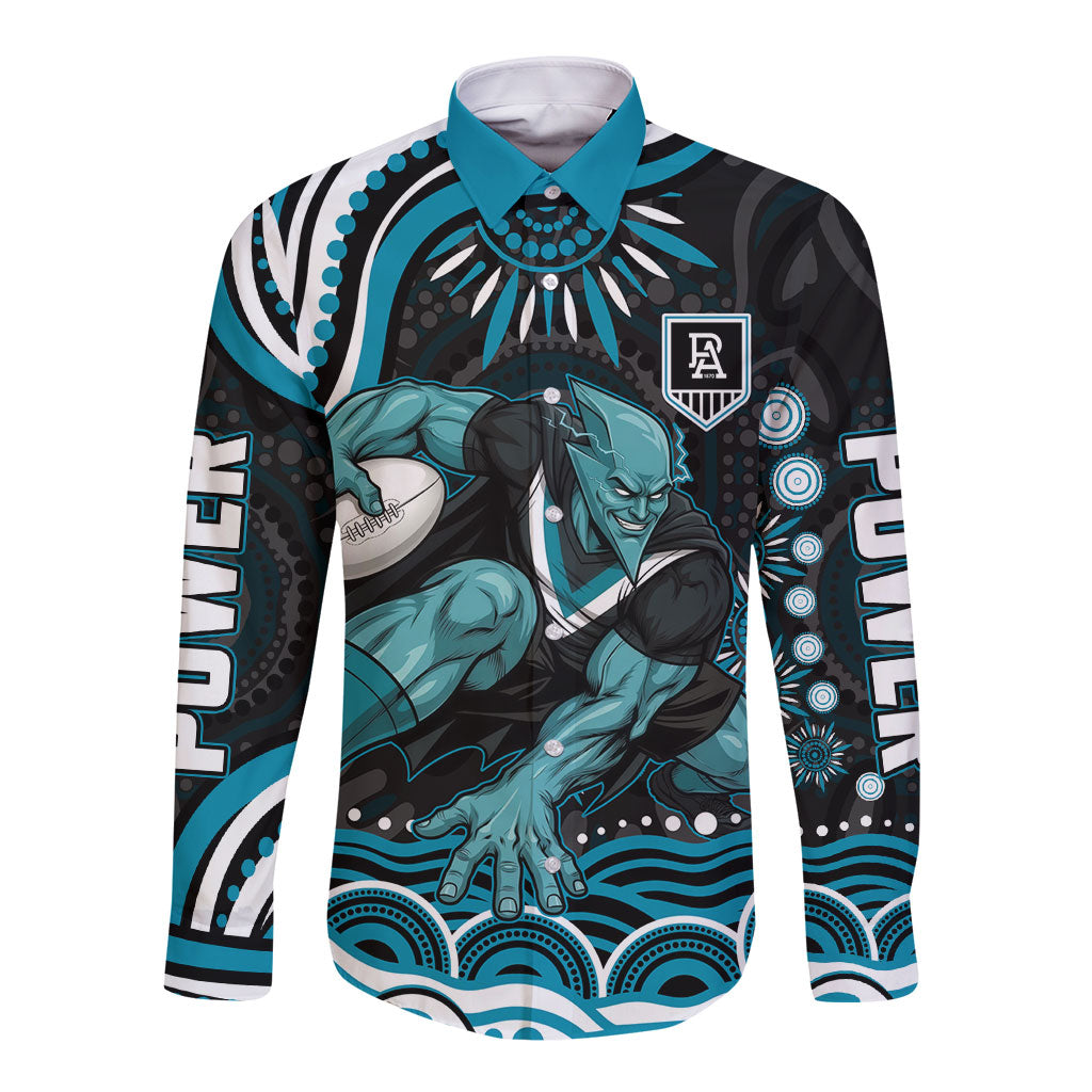 Personalized Port Adelaide Power Rugby Long Sleeve Button Shirt Aboriginal Dot Art - Dreamtime Football Mascot