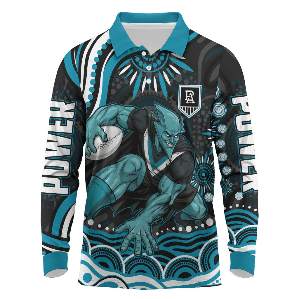 Personalized Port Adelaide Power Rugby Long Sleeve Polo Shirt Aboriginal Dot Art - Dreamtime Football Mascot
