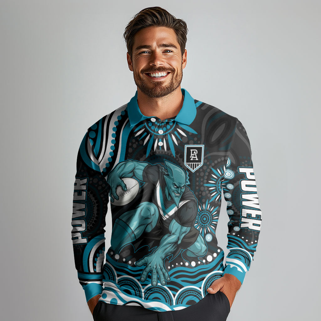 Personalized Port Adelaide Power Rugby Long Sleeve Polo Shirt Aboriginal Dot Art - Dreamtime Football Mascot