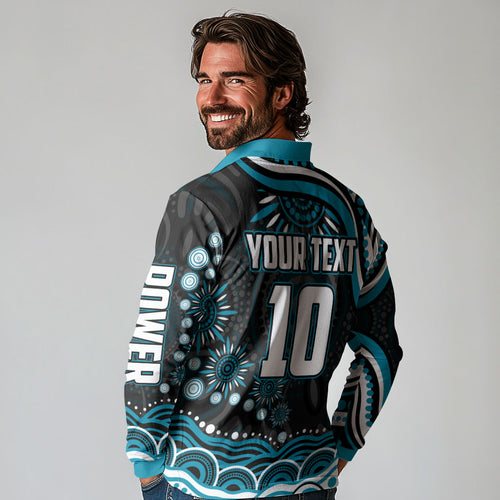 Personalized Port Adelaide Power Rugby Long Sleeve Polo Shirt Aboriginal Dot Art - Dreamtime Football Mascot