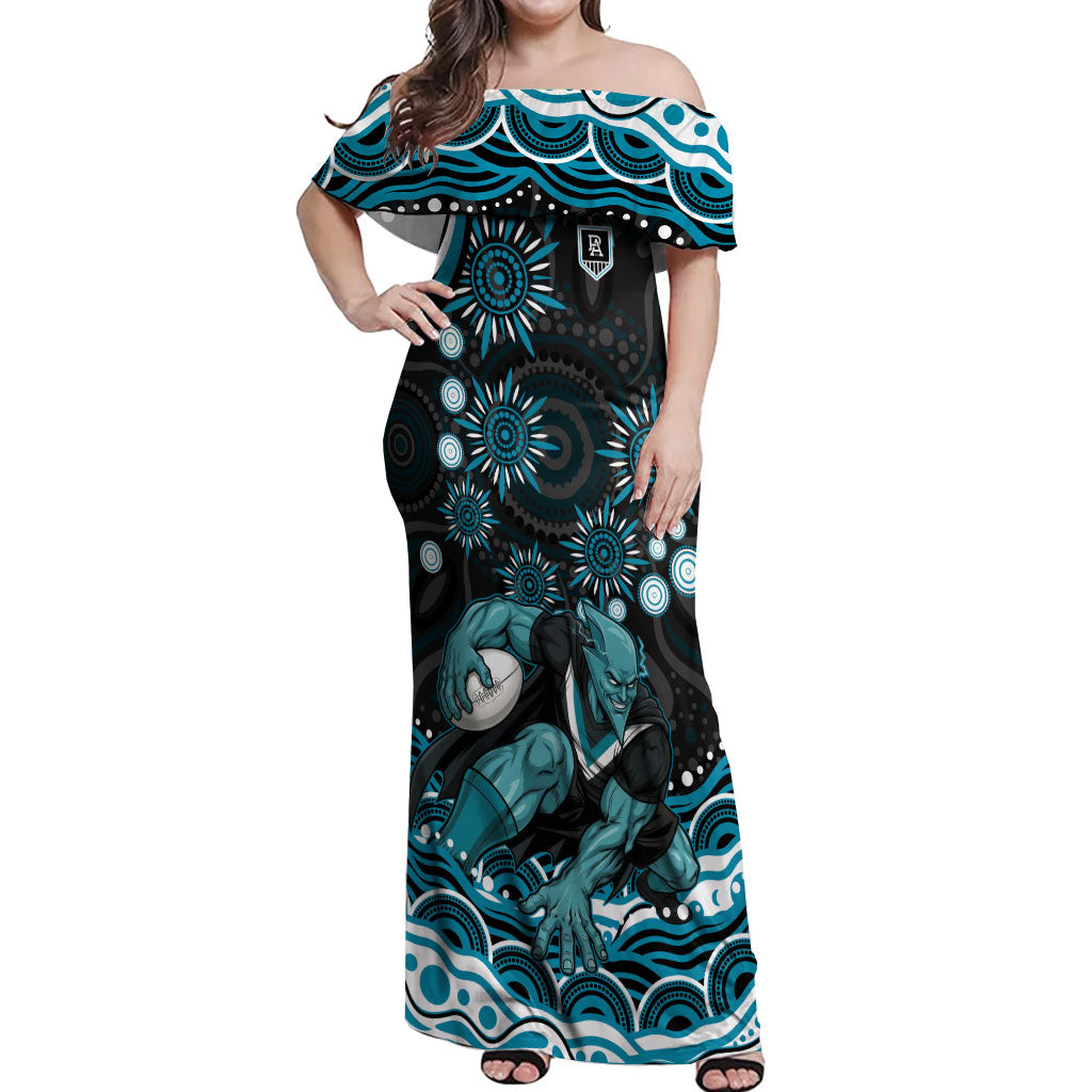 Personalized Port Adelaide Power Rugby Off Shoulder Maxi Dress Aboriginal Dot Art - Dreamtime Football Mascot
