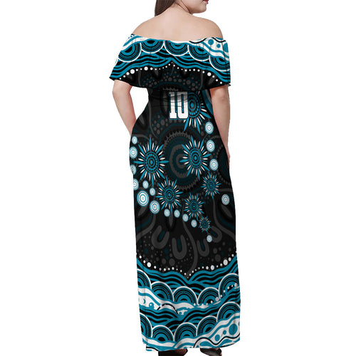 Personalized Port Adelaide Power Rugby Off Shoulder Maxi Dress Aboriginal Dot Art - Dreamtime Football Mascot