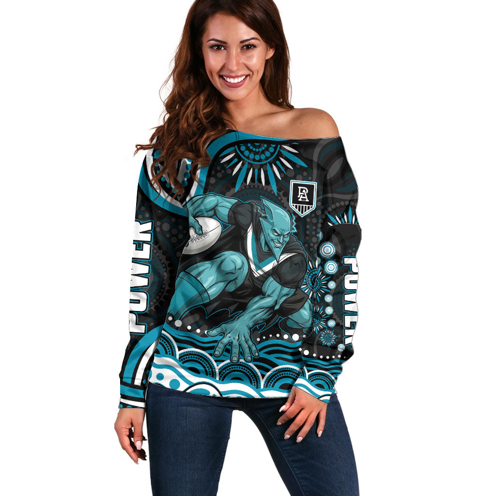 Personalized Port Adelaide Power Rugby Off Shoulder Sweater Aboriginal Dot Art - Dreamtime Football Mascot