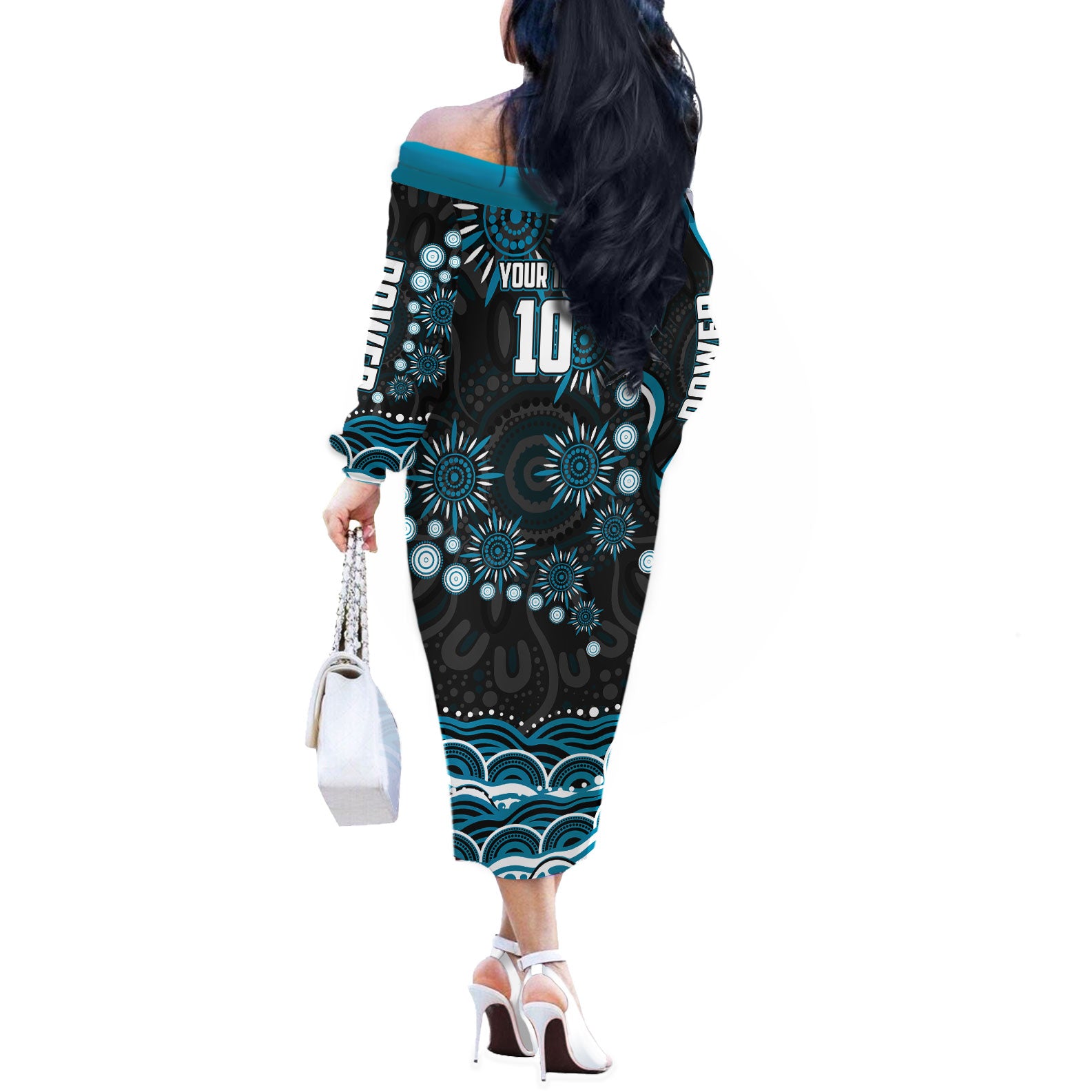 Personalized Port Adelaide Power Rugby Off The Shoulder Long Sleeve Dress Aboriginal Dot Art - Dreamtime Football Mascot