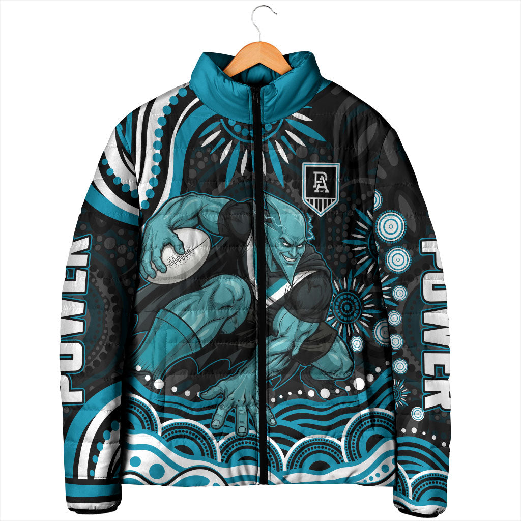 Personalized Port Adelaide Power Rugby Padded Jacket Aboriginal Dot Art - Dreamtime Football Mascot