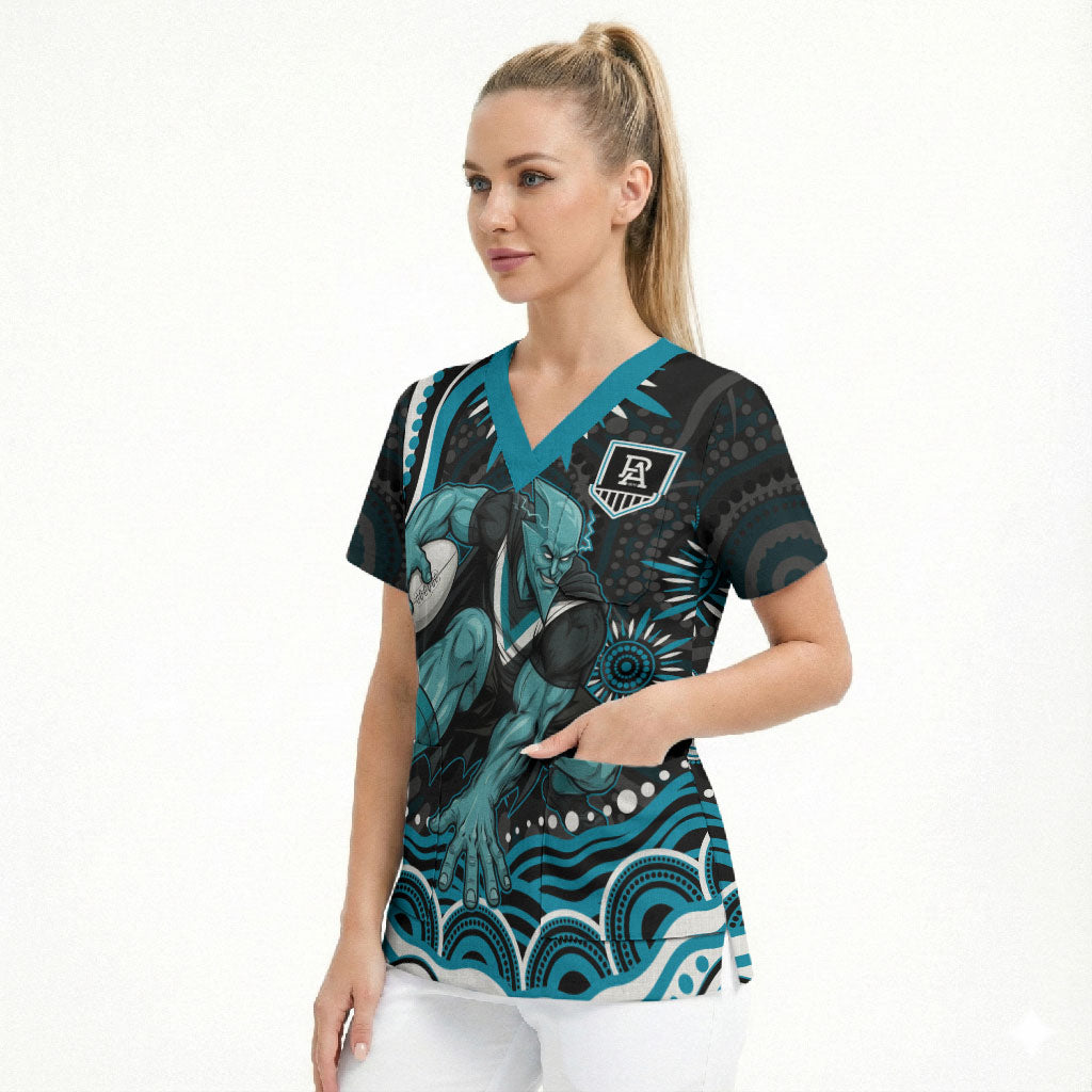 Personalized Port Adelaide Power Rugby Scrub Top Aboriginal Dot Art - Dreamtime Football Mascot