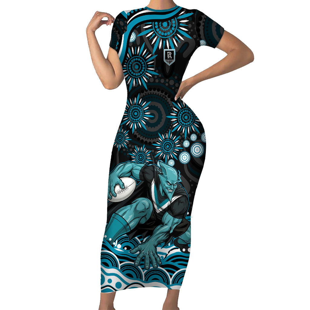 Personalized Port Adelaide Power Rugby Short Sleeve Bodycon Dress Aboriginal Dot Art - Dreamtime Football Mascot