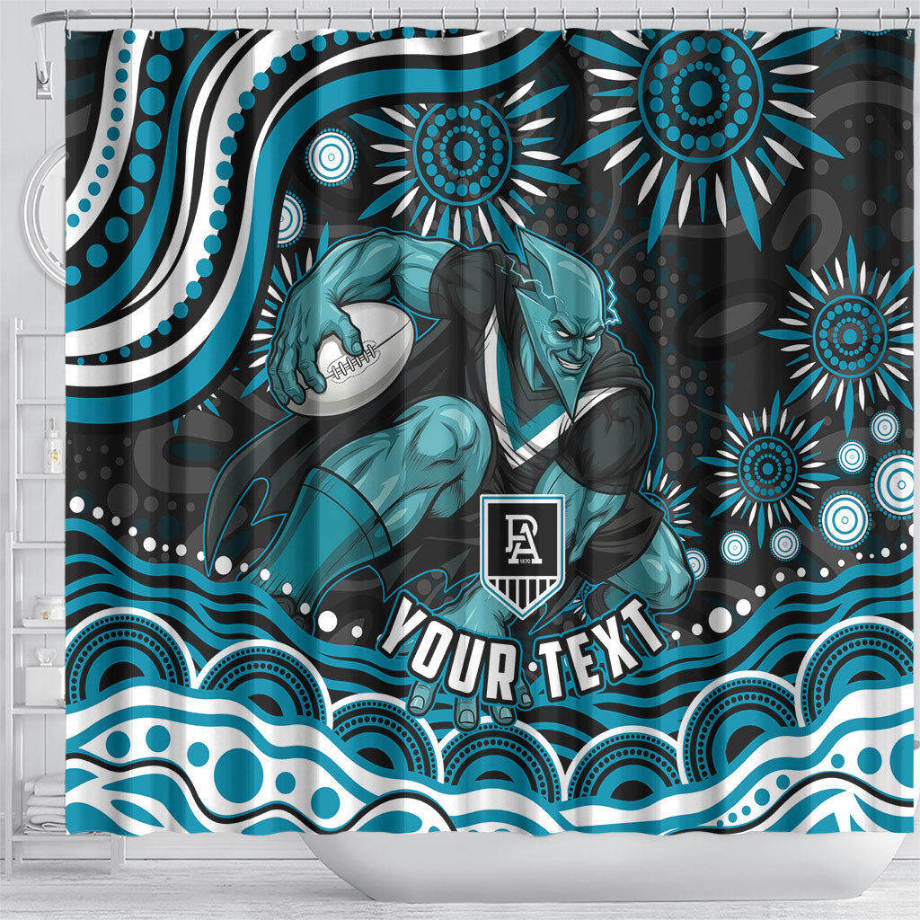Personalized Port Adelaide Power Rugby Shower Curtain Aboriginal Dot Art - Dreamtime Football Mascot