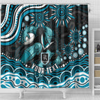 Personalized Port Adelaide Power Rugby Shower Curtain Aboriginal Dot Art - Dreamtime Football Mascot