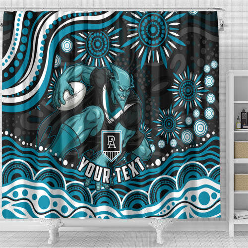 Personalized Port Adelaide Power Rugby Shower Curtain Aboriginal Dot Art - Dreamtime Football Mascot