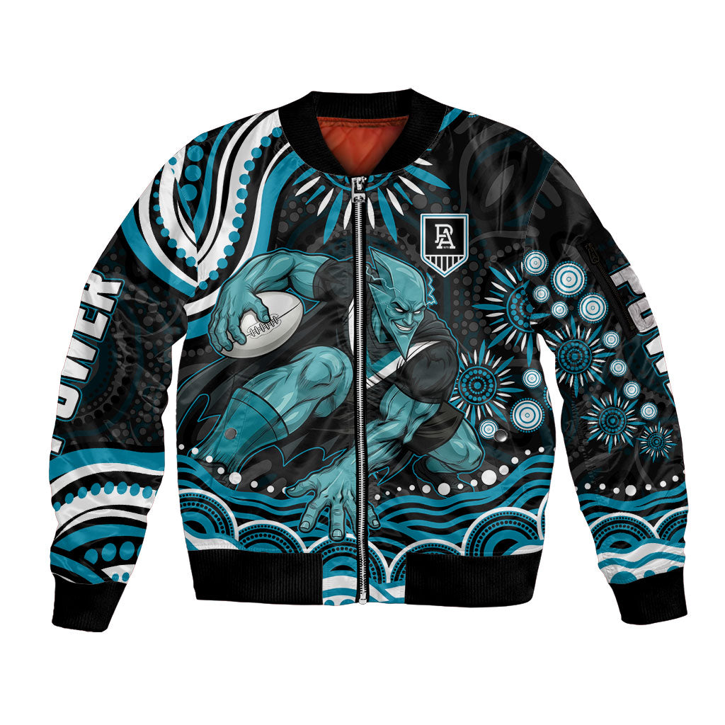 Personalized Port Adelaide Power Rugby Sleeve Zip Bomber Jacket Aboriginal Dot Art - Dreamtime Football Mascot
