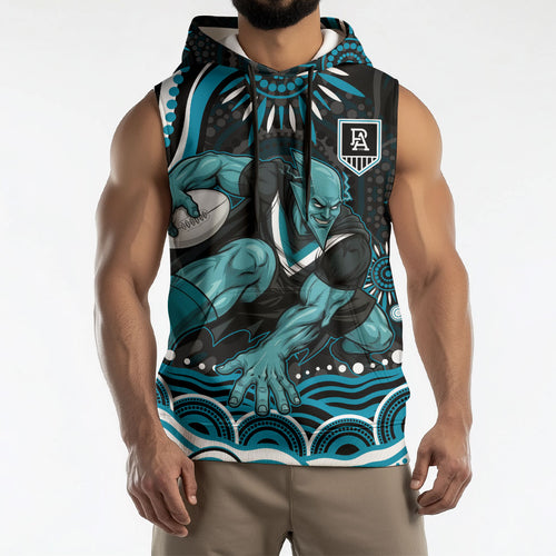 Personalized Port Adelaide Power Rugby Sleeveless Hoodie Aboriginal Dot Art - Dreamtime Football Mascot