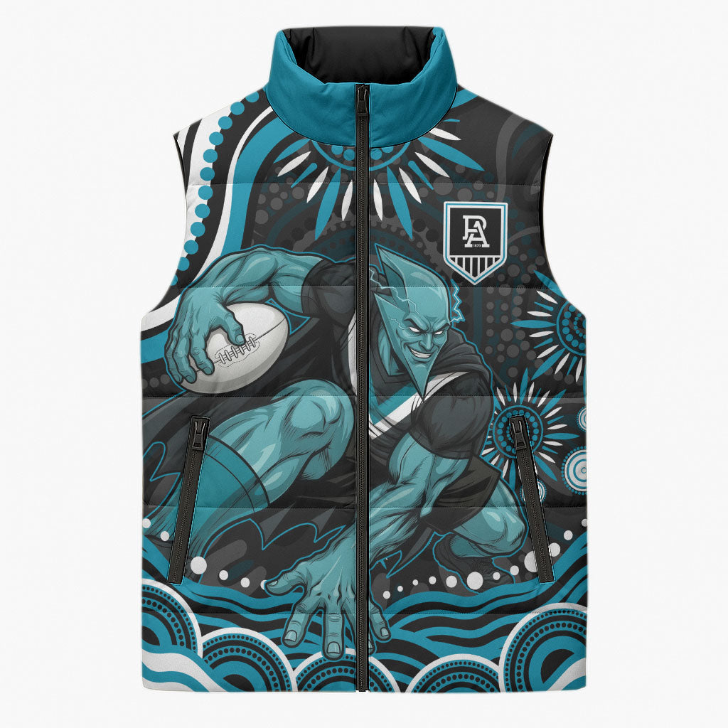 Personalized Port Adelaide Power Rugby Sleeveless Puffer Jacket Aboriginal Dot Art - Dreamtime Football Mascot