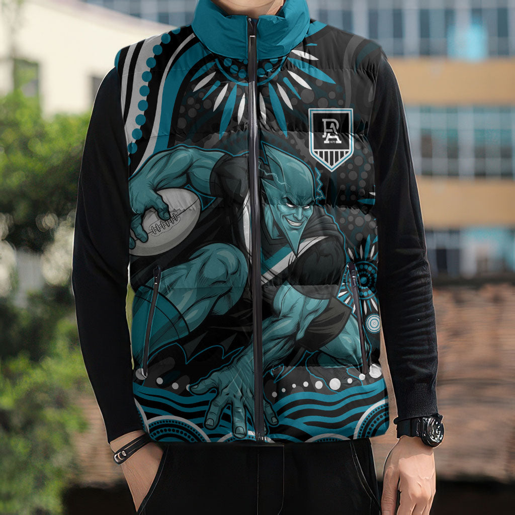 Personalized Port Adelaide Power Rugby Sleeveless Puffer Jacket Aboriginal Dot Art - Dreamtime Football Mascot