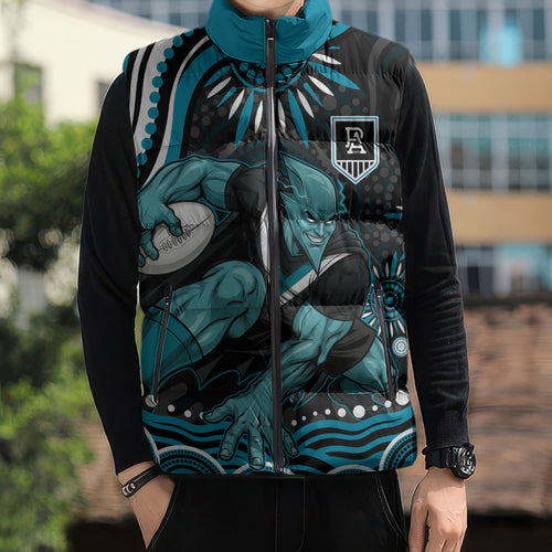 Personalized Port Adelaide Power Rugby Sleeveless Puffer Jacket Aboriginal Dot Art - Dreamtime Football Mascot