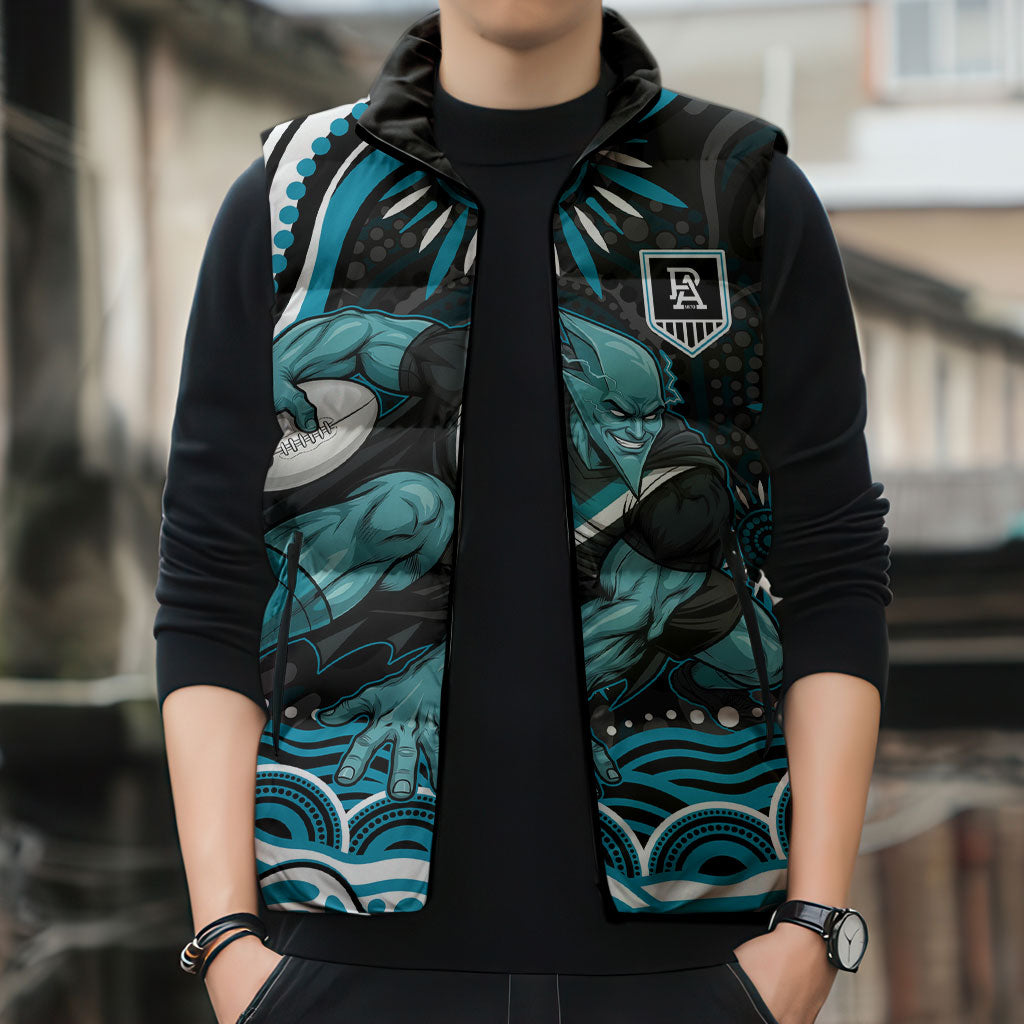 Personalized Port Adelaide Power Rugby Sleeveless Puffer Jacket Aboriginal Dot Art - Dreamtime Football Mascot