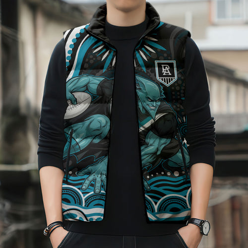 Personalized Port Adelaide Power Rugby Sleeveless Puffer Jacket Aboriginal Dot Art - Dreamtime Football Mascot