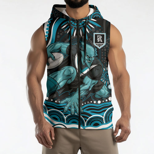 Personalized Port Adelaide Power Rugby Sleeveless Zip Hoodie Aboriginal Dot Art - Dreamtime Football Mascot