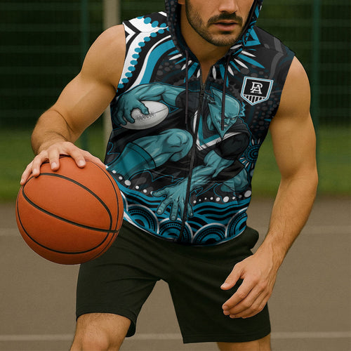Personalized Port Adelaide Power Rugby Sleeveless Zip Hoodie Aboriginal Dot Art - Dreamtime Football Mascot