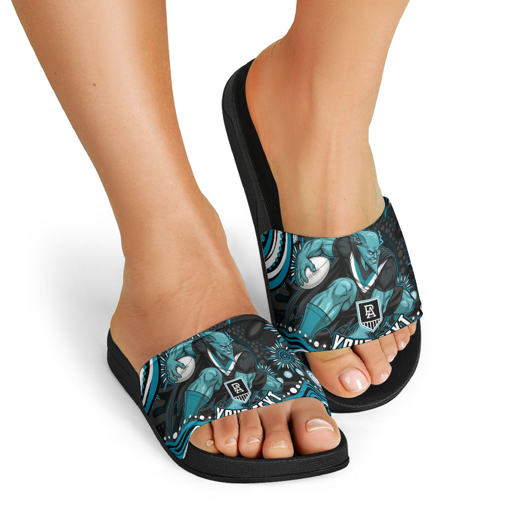 Personalized Port Adelaide Power Rugby Slide Sandals Aboriginal Dot Art - Dreamtime Football Mascot