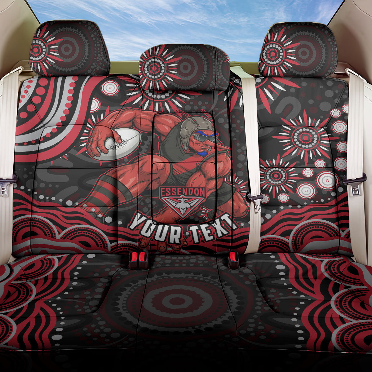 Personalized Essendon Bombers Rugby Back Car Seat Cover Aboriginal Dot Art - Dreamtime Football Mascot