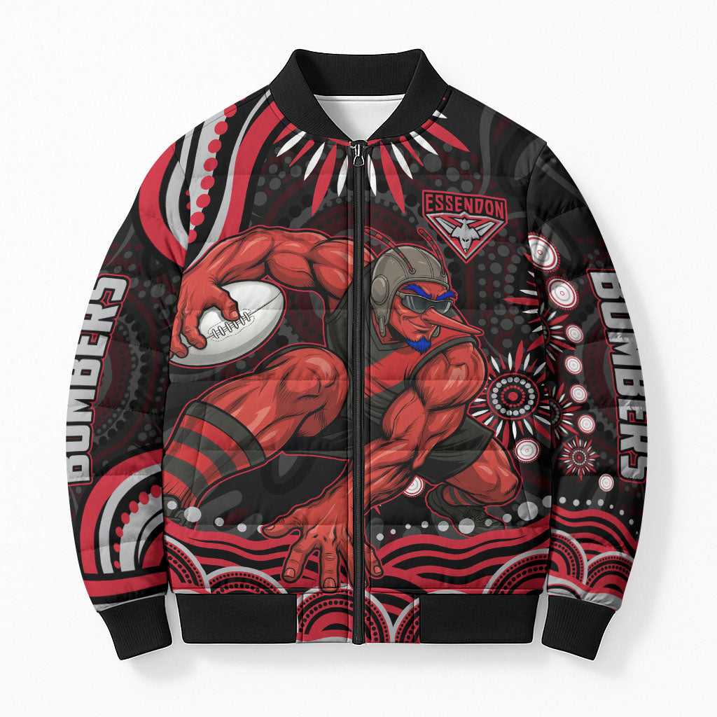 Personalized Essendon Bombers Rugby Bomber Puffer Jacket Aboriginal Dot Art - Dreamtime Football Mascot