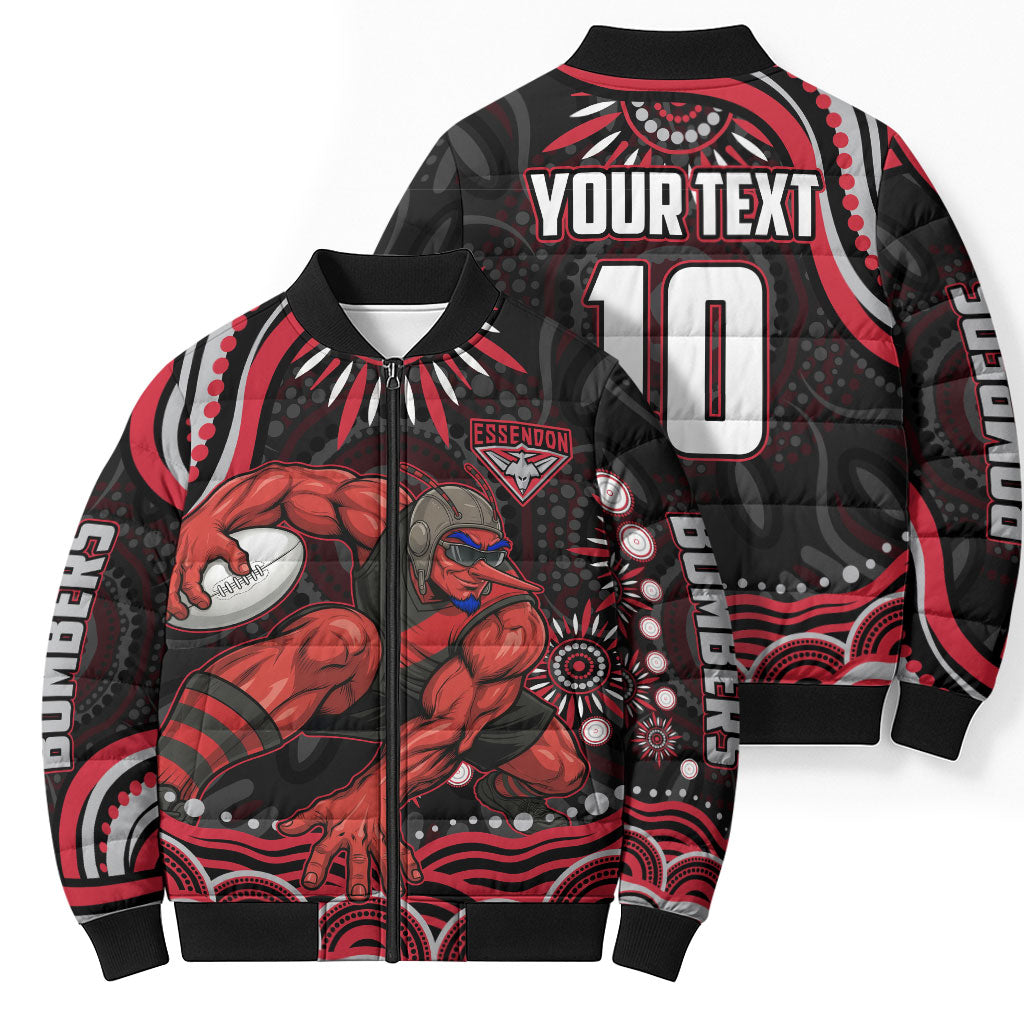 Personalized Essendon Bombers Rugby Bomber Puffer Jacket Aboriginal Dot Art - Dreamtime Football Mascot