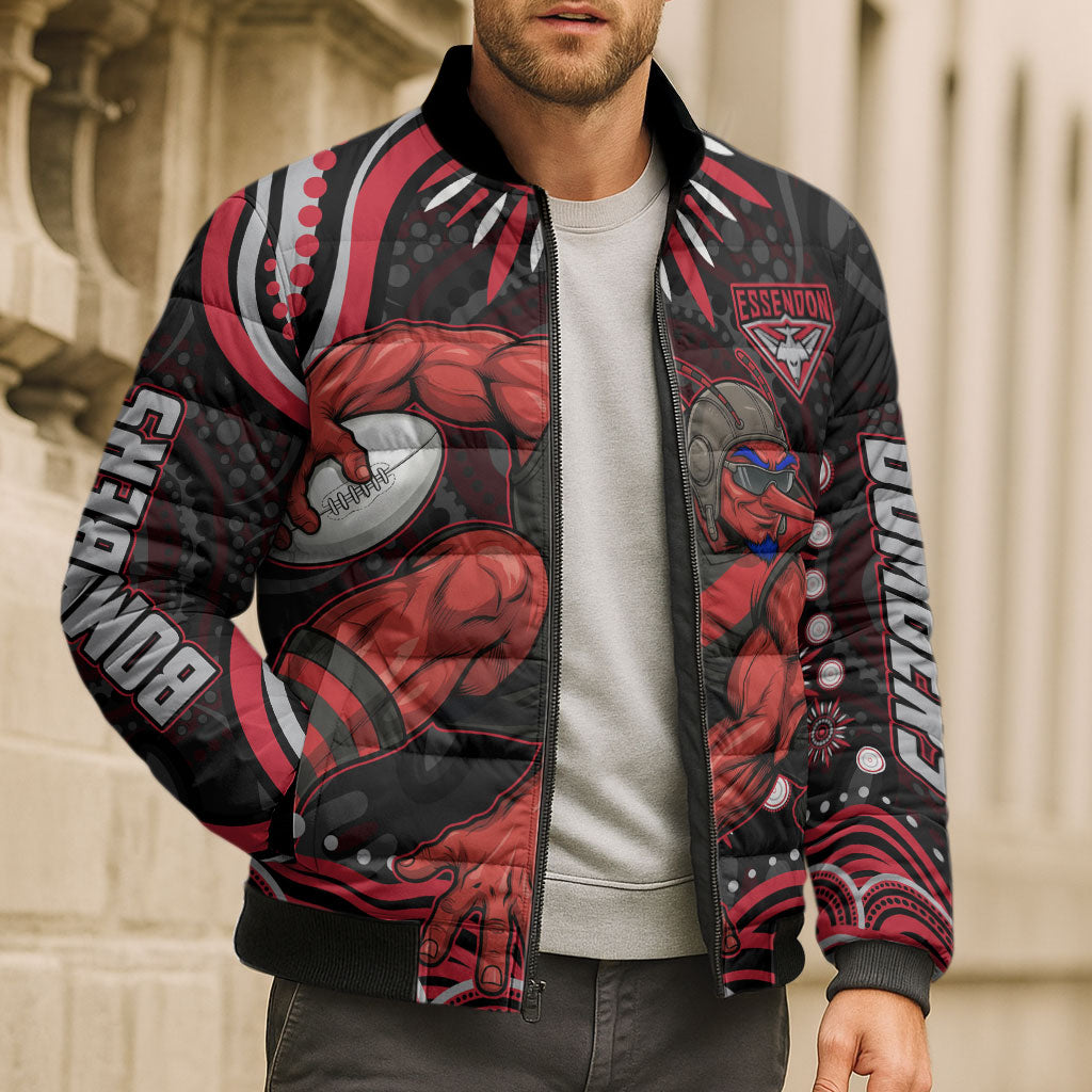Personalized Essendon Bombers Rugby Bomber Puffer Jacket Aboriginal Dot Art - Dreamtime Football Mascot