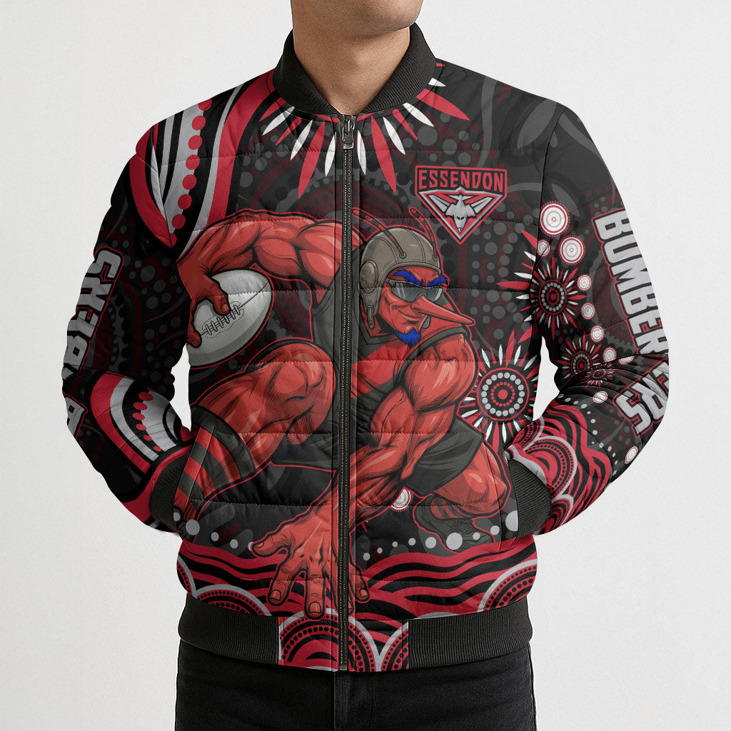 Personalized Essendon Bombers Rugby Bomber Puffer Jacket Aboriginal Dot Art - Dreamtime Football Mascot