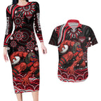 Personalized Essendon Bombers Rugby Couples Matching Long Sleeve Bodycon Dress and Hawaiian Shirt Aboriginal Dot Art - Dreamtime Football Mascot