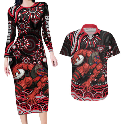 Personalized Essendon Bombers Rugby Couples Matching Long Sleeve Bodycon Dress and Hawaiian Shirt Aboriginal Dot Art - Dreamtime Football Mascot