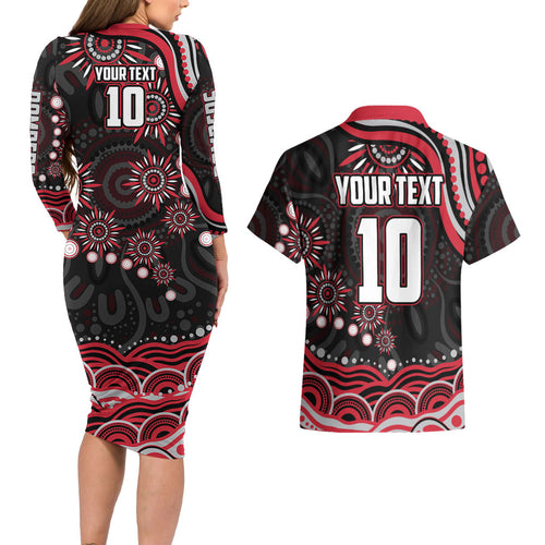 Personalized Essendon Bombers Rugby Couples Matching Long Sleeve Bodycon Dress and Hawaiian Shirt Aboriginal Dot Art - Dreamtime Football Mascot