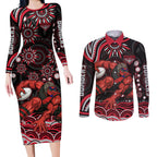 Personalized Essendon Bombers Rugby Couples Matching Long Sleeve Bodycon Dress and Long Sleeve Button Shirt Aboriginal Dot Art - Dreamtime Football Mascot