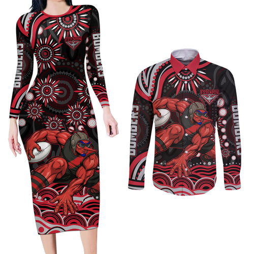 Personalized Essendon Bombers Rugby Couples Matching Long Sleeve Bodycon Dress and Long Sleeve Button Shirt Aboriginal Dot Art - Dreamtime Football Mascot
