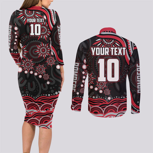 Personalized Essendon Bombers Rugby Couples Matching Long Sleeve Bodycon Dress and Long Sleeve Button Shirt Aboriginal Dot Art - Dreamtime Football Mascot