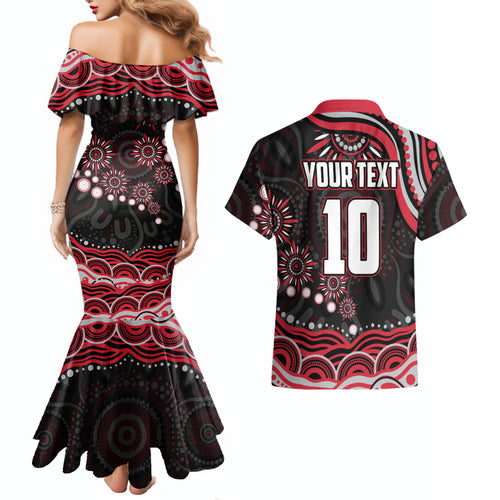Personalized Essendon Bombers Rugby Couples Matching Mermaid Dress and Hawaiian Shirt Aboriginal Dot Art - Dreamtime Football Mascot
