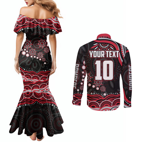 Personalized Essendon Bombers Rugby Couples Matching Mermaid Dress and Long Sleeve Button Shirt Aboriginal Dot Art - Dreamtime Football Mascot