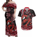 Personalized Essendon Bombers Rugby Couples Matching Off Shoulder Maxi Dress and Hawaiian Shirt Aboriginal Dot Art - Dreamtime Football Mascot