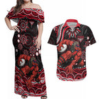 Personalized Essendon Bombers Rugby Couples Matching Off Shoulder Maxi Dress and Hawaiian Shirt Aboriginal Dot Art - Dreamtime Football Mascot