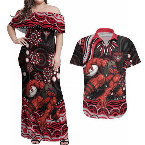 Personalized Essendon Bombers Rugby Couples Matching Off Shoulder Maxi Dress and Hawaiian Shirt Aboriginal Dot Art - Dreamtime Football Mascot
