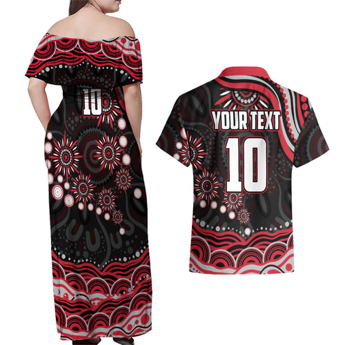 Personalized Essendon Bombers Rugby Couples Matching Off Shoulder Maxi Dress and Hawaiian Shirt Aboriginal Dot Art - Dreamtime Football Mascot